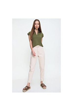 Kadın Kırmızı Mercan Kısa Kollu Fitilli Kaşkorse Viskon Pamuk Polo Yaka Bluz T-Shirt 2879140