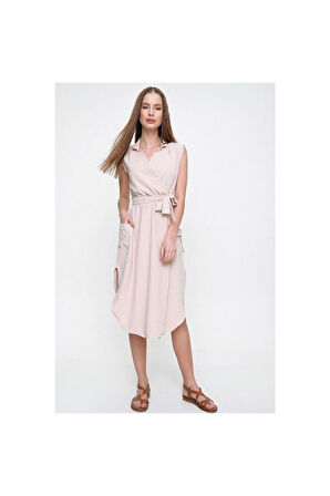 Kadın Kruvaze Ceket Yaka Cepli Kemerli Yırtmaçlı Oversize Tunik Gömlek Elbise Yb2881152