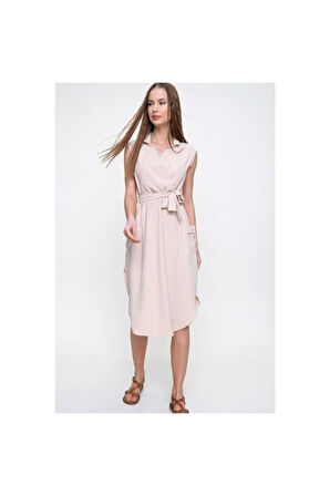 Kadın Kruvaze Ceket Yaka Cepli Kemerli Yırtmaçlı Oversize Tunik Gömlek Elbise Yb2881152