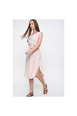 Kadın Kruvaze Ceket Yaka Cepli Kemerli Yırtmaçlı Oversize Tunik Gömlek Elbise Yb2881152