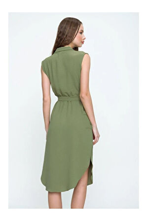 Kadın Kruvaze Ceket Yaka Cepli Kemerli Yırtmaçlı Oversize Tunik Gömlek Elbise Yb2881152