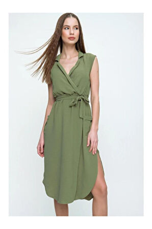 Kadın Kruvaze Ceket Yaka Cepli Kemerli Yırtmaçlı Oversize Tunik Gömlek Elbise Yb2881152