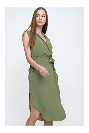 Kadın Kruvaze Ceket Yaka Cepli Kemerli Yırtmaçlı Oversize Tunik Gömlek Elbise Yb2881152