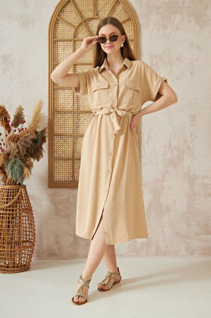 Kadın Safari Cepli Kemerli Airobin  Kısa Kollu Düğmeli Günlük Uzun Gömlek Elbise 4045250