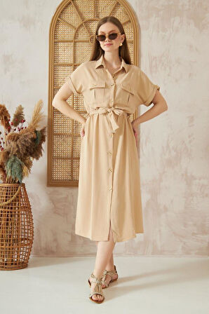 Kadın Safari Cepli Kemerli Airobin  Kısa Kollu Düğmeli Günlük Uzun Gömlek Elbise 4045250