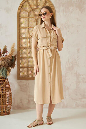 Kadın Safari Cepli Kemerli Airobin  Kısa Kollu Düğmeli Günlük Uzun Gömlek Elbise 4045250