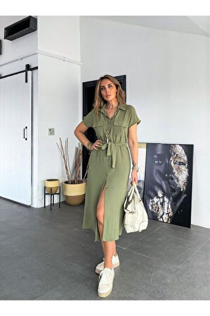 Kadın Safari Cepli Kemerli Airobin  Kısa Kollu Düğmeli Günlük Uzun Gömlek Elbise 4045250