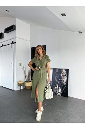 Kadın Safari Cepli Kemerli Airobin  Kısa Kollu Düğmeli Günlük Uzun Gömlek Elbise 4045250