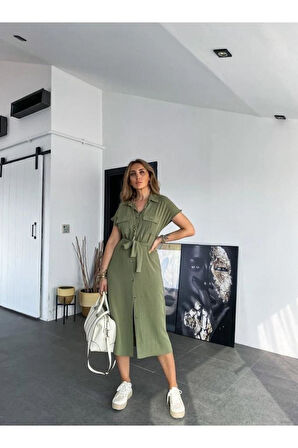 Kadın Safari Cepli Kemerli Airobin  Kısa Kollu Düğmeli Günlük Uzun Gömlek Elbise 4045250