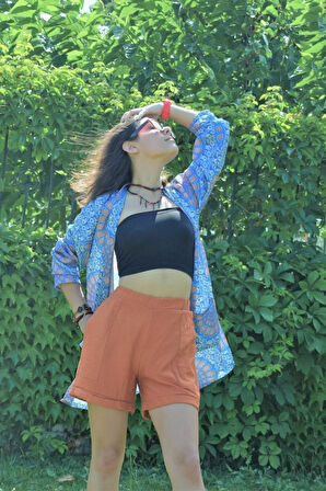 Kadın Siyah Beli Lastikli Keten Cepli Kısa Rahat Şort 289160