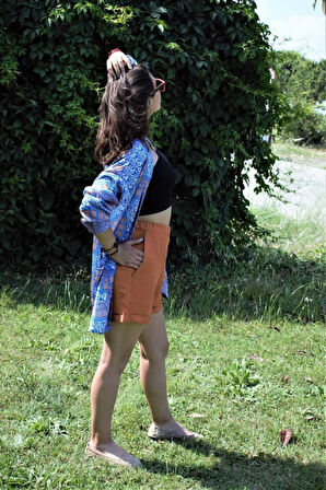 Kadın Siyah Beli Lastikli Keten Cepli Kısa Rahat Şort 289160