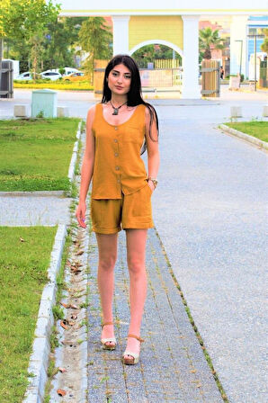 Kadın Siyah Beli Lastikli Keten Cepli Kısa Rahat Şort 289160