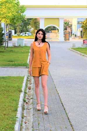 Kadın Siyah Beli Lastikli Keten Cepli Kısa Rahat Şort 289160