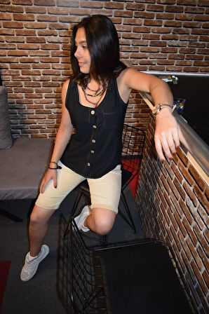 Kadın Kalın Askılı Yuvarlak Yaka Düğmeli Kolsuz Keten Günlük Gömlek Bluz 2910170