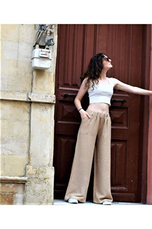 Kadın Bej Bol Paça Beli Lastikli Rahat Çift Cepli Keten Görünümlü Kumaş Yazlık Pantolon Yb2933220