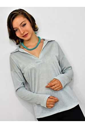 Kadın Polo Yaka Pudra Uzun Kol Bluz-2940160