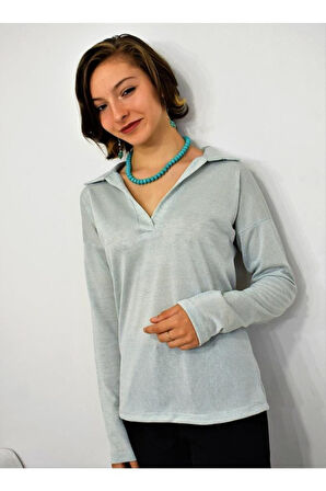 Kadın Polo Yaka Pudra Uzun Kol Bluz-2940160