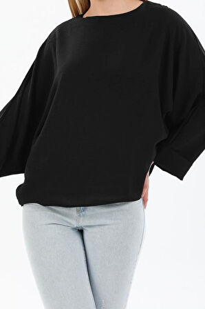 Kadın Kiremit Yarasa Duble Kol Salaş Ekstra Oversize Rahat Yuvarlak Yaka Bluz Kahverengi Yb294382