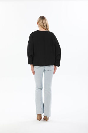 Kadın Kiremit Yarasa Duble Kol Salaş Ekstra Oversize Rahat Yuvarlak Yaka Bluz Kahverengi Yb294382