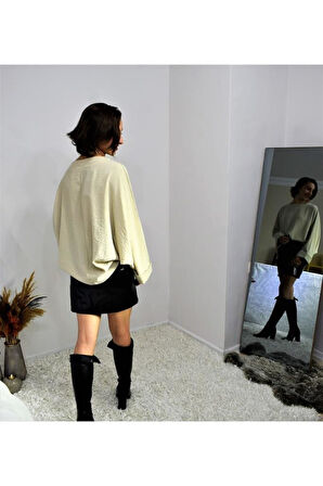 Kadın Kiremit Yarasa Duble Kol Salaş Ekstra Oversize Rahat Yuvarlak Yaka Bluz Kahverengi Yb294382