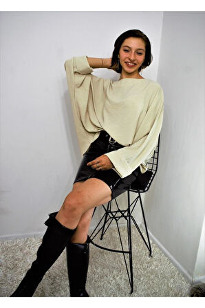 Kadın Kiremit Yarasa Duble Kol Salaş Ekstra Oversize Rahat Yuvarlak Yaka Bluz Kahverengi Yb294382