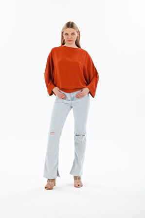 Kadın Kiremit Yarasa Duble Kol Salaş Ekstra Oversize Rahat Yuvarlak Yaka Bluz Kahverengi Yb294382