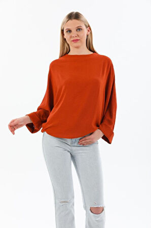 Kadın Kiremit Yarasa Duble Kol Salaş Ekstra Oversize Rahat Yuvarlak Yaka Bluz Kahverengi Yb294382