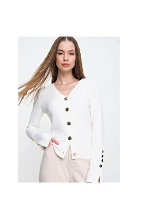 Kadın Antrasit Gri Gold Düğme Detaylı Yumuşak Dokulu Triko Hırka 3007230