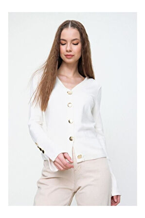 Kadın Antrasit Gri Gold Düğme Detaylı Yumuşak Dokulu Triko Hırka 3007230