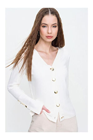 Kadın Antrasit Gri Gold Düğme Detaylı Yumuşak Dokulu Triko Hırka 3007230