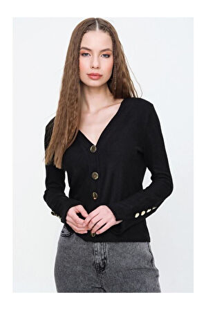 Kadın Antrasit Gri Gold Düğme Detaylı Yumuşak Dokulu Triko Hırka 3007230