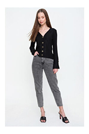 Kadın Antrasit Gri Gold Düğme Detaylı Yumuşak Dokulu Triko Hırka 3007230