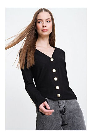 Kadın Antrasit Gri Gold Düğme Detaylı Yumuşak Dokulu Triko Hırka 3007230