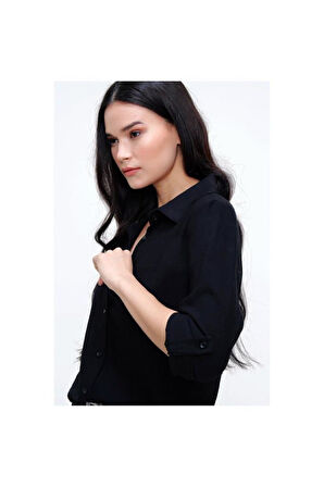 Kadın Özel Kumaş Uzun Katlanabilir Kollu Keten Basic Klasik Yazlık Gömlek Bej 3043220