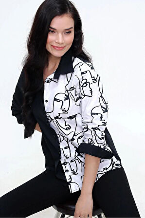 Kadın Siyah Beyaz Yüz Silüetli Uzun Kollu Rahat Tarz Basic Gömlek 7003074200