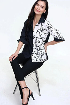 Kadın Siyah Beyaz Yüz Silüetli Uzun Kollu Rahat Tarz Basic Gömlek 7003074200