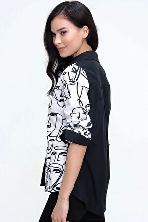 Kadın Siyah Beyaz Yüz Silüetli Uzun Kollu Rahat Tarz Basic Gömlek 7003074200