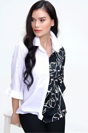 Kadın Siyah Beyaz Yüz Silüetli Uzun Kollu Rahat Tarz Basic Gömlek 7003074200