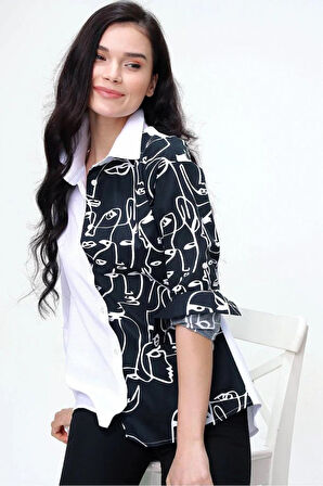 Kadın Siyah Beyaz Yüz Silüetli Uzun Kollu Rahat Tarz Basic Gömlek 7003074200