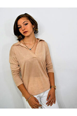 Kadın Polo Yaka Pudra Uzun Kol Bluz-2940160