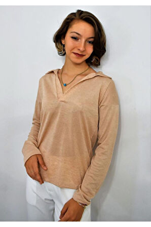 Kadın Polo Yaka Pudra Uzun Kol Bluz-2940160