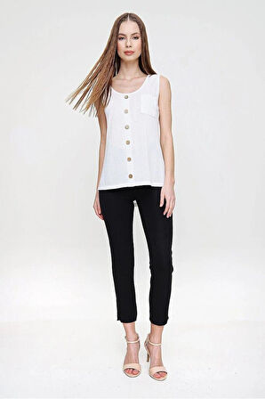 Kadın I?nce Triko Bluz Askılı Düğmeli Kolsuz Örme Günlük Giy Çık Bluz Su Yeşili 3134130