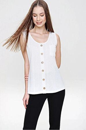 Kadın I?nce Triko Bluz Askılı Düğmeli Kolsuz Örme Günlük Giy Çık Bluz Su Yeşili 3134130