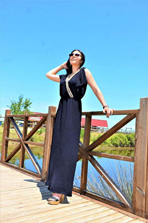 Kadın Haki Yeşil Omzu Tokalı Sırt Ve Göğüs Hasır Dekolteli Kruvaze Uzun Giy Çık Elbise Yb3127300