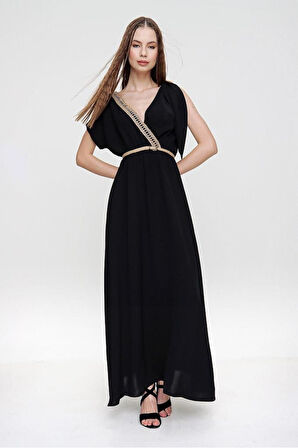 Kadın Haki Yeşil Omzu Tokalı Sırt Ve Göğüs Hasır Dekolteli Kruvaze Uzun Giy Çık Elbise Yb3127300