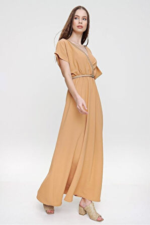 Kadın Haki Yeşil Omzu Tokalı Sırt Ve Göğüs Hasır Dekolteli Kruvaze Uzun Giy Çık Elbise Yb3127300