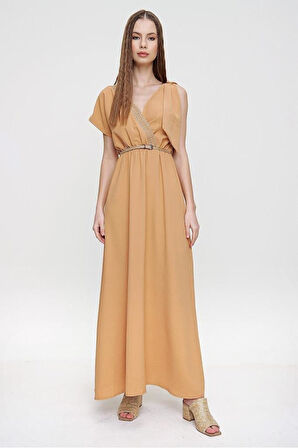 Kadın Haki Yeşil Omzu Tokalı Sırt Ve Göğüs Hasır Dekolteli Kruvaze Uzun Giy Çık Elbise Yb3127300