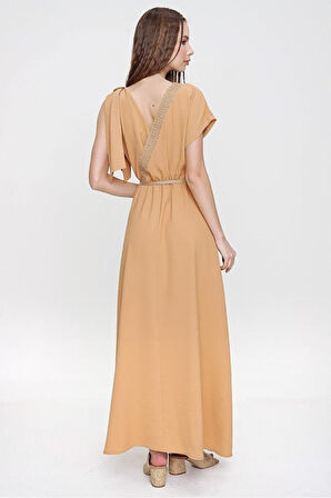 Kadın Haki Yeşil Omzu Tokalı Sırt Ve Göğüs Hasır Dekolteli Kruvaze Uzun Giy Çık Elbise Yb3127300