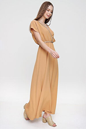 Kadın Haki Yeşil Omzu Tokalı Sırt Ve Göğüs Hasır Dekolteli Kruvaze Uzun Giy Çık Elbise Yb3127300