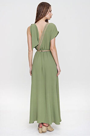 Kadın Haki Yeşil Omzu Tokalı Sırt Ve Göğüs Hasır Dekolteli Kruvaze Uzun Giy Çık Elbise Yb3127300